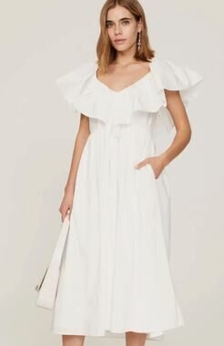 Adam Lippes Collective V-Neck Midi Dress in White Cotton Poplin Size 10